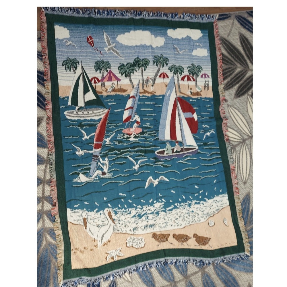 Vintage Goodwin Weavers Sailboat Coastal Woven Cotton Throw Blanket 66"x48" USA